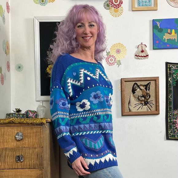 Vintage Blue Flower Graphic Sweater, 1990s Textured Cotton Floral Sweater Sz L - Picture 2 of 10